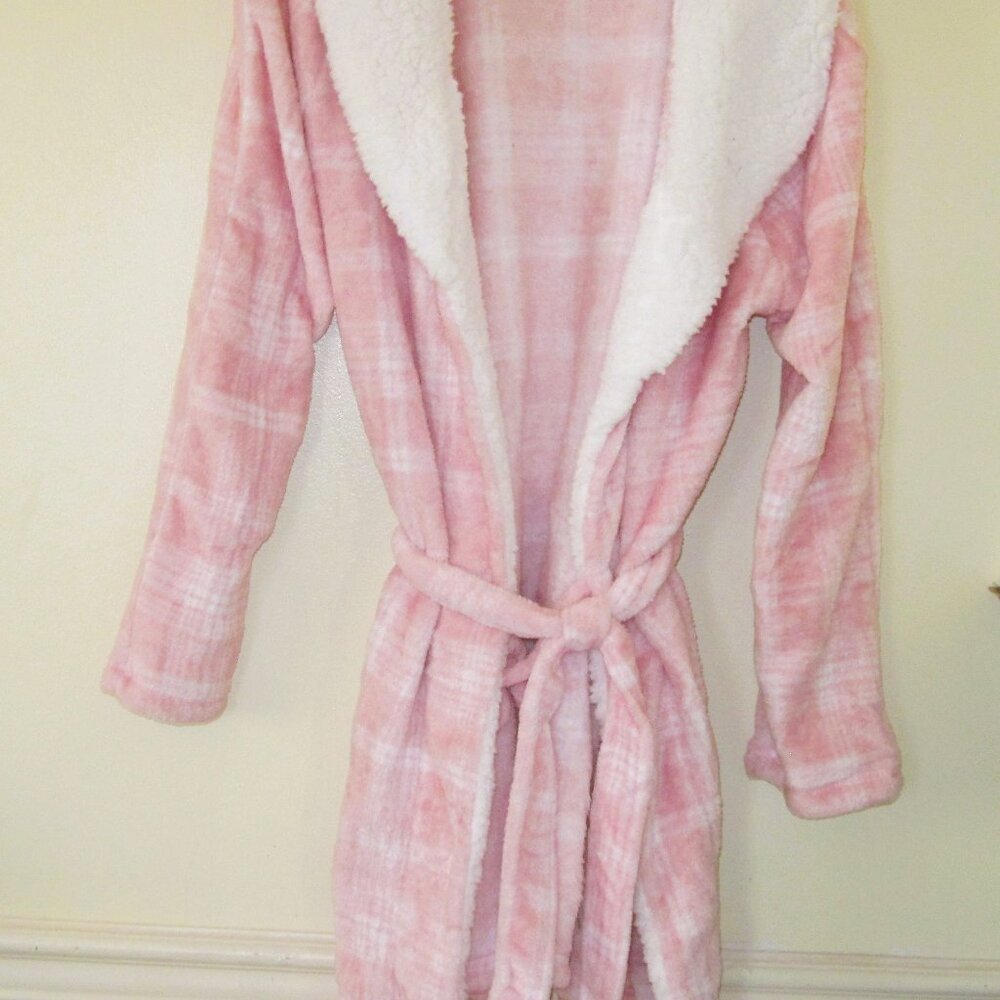 JACLYN-Intimates-Women Size S/M-Deluxe Touch Lounge Robe-Pink/White-Pockets-NEW
